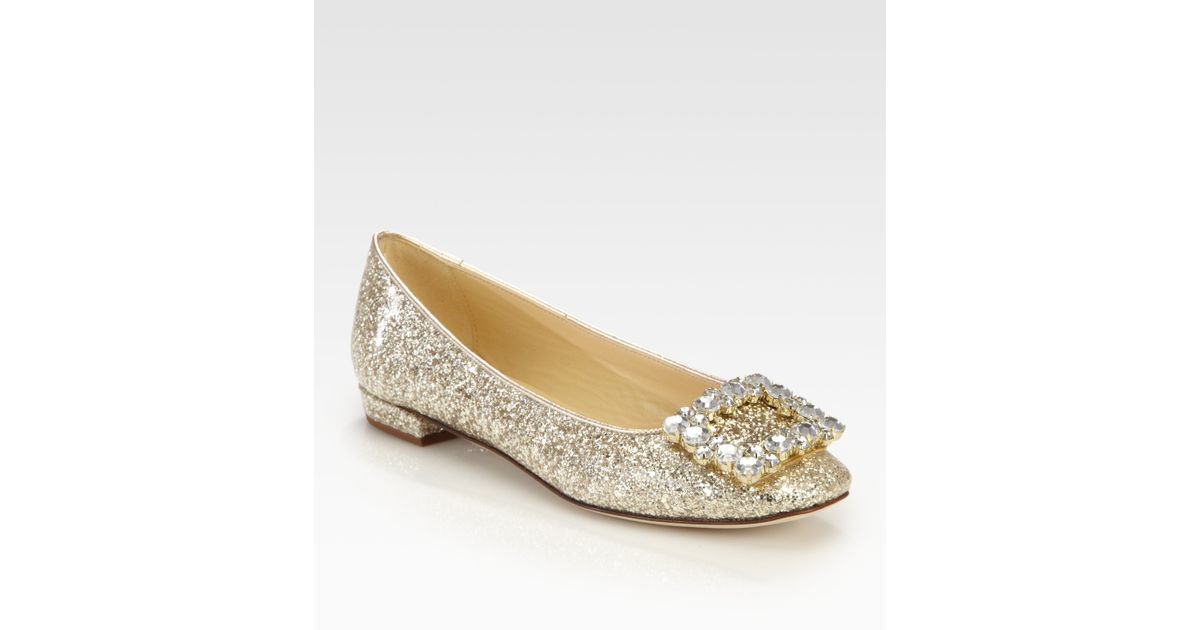 Kate Spade Norella Glitter Rhinestone Buckle Ballet Flats in Gold