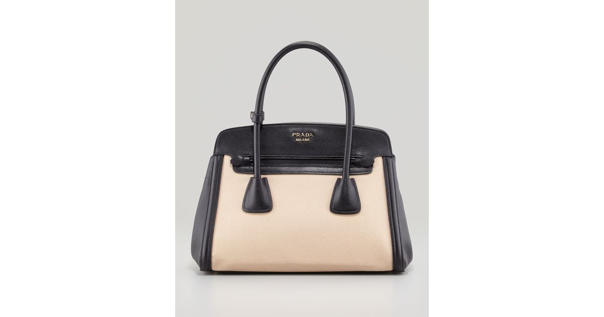 Prada Canvas Saffiano Cuir Small Tote Bag in Black (natural/black ...
