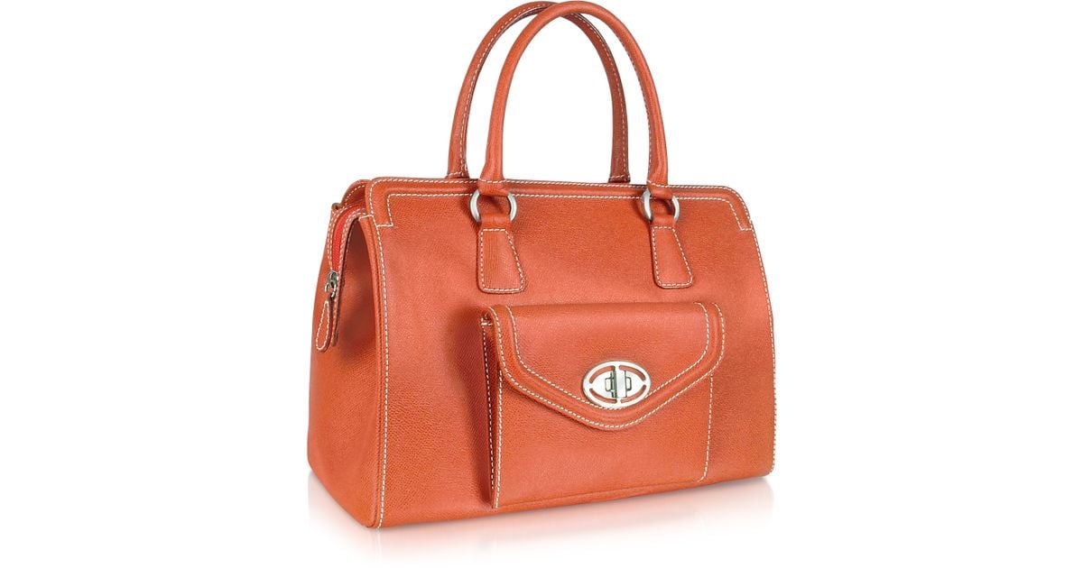 Lyst Buti Front Pocket Orange Grained Leather Satchel Bag In Natural