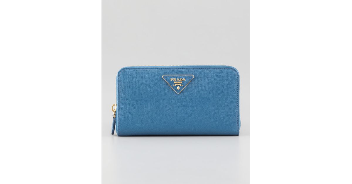 Prada Saffiano Triangle Zip Around Wallet in Blue | Lyst