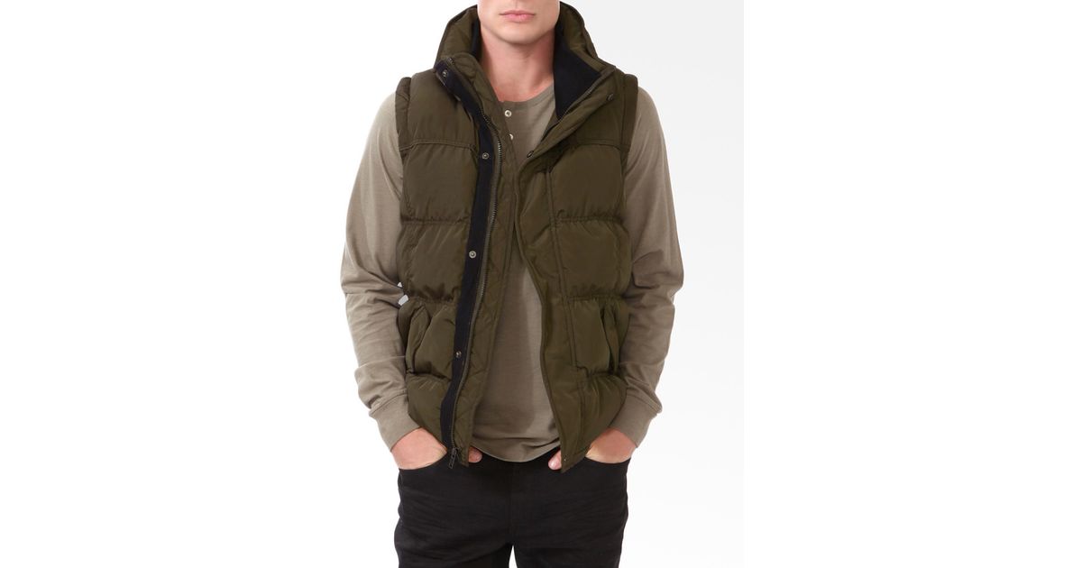 Olive green puffer vest outfit for men wedding shoes