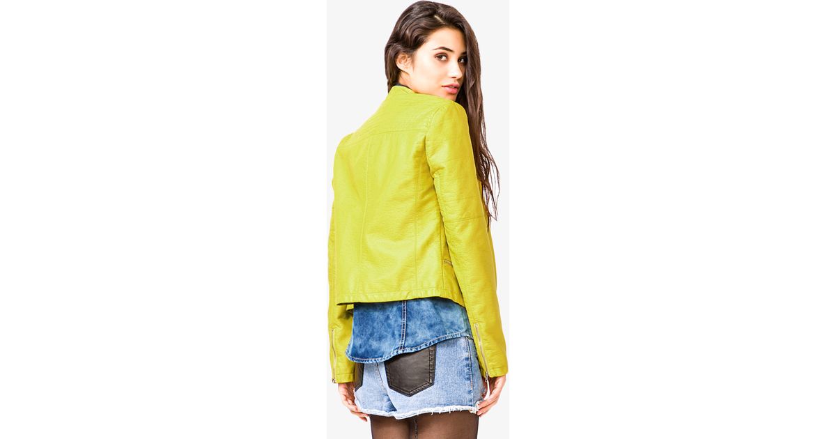 Lyst Forever 21 Faux Leather Er Jacket In Yellow