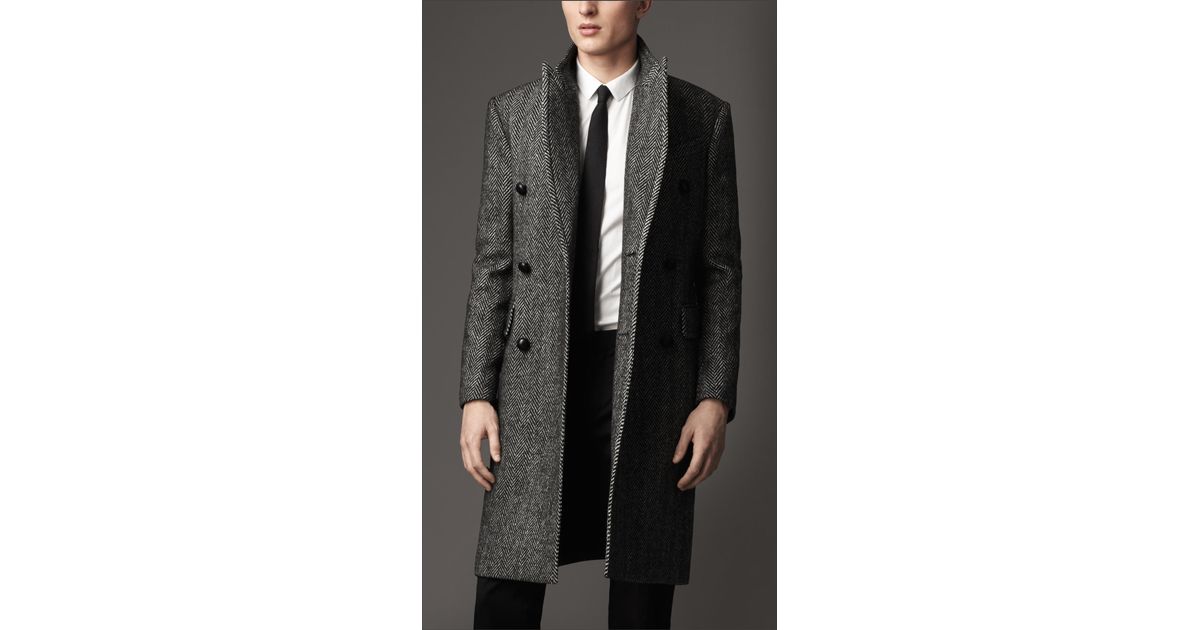 Burberry Herringbone Lambswool Coat in Gray for Men | Lyst