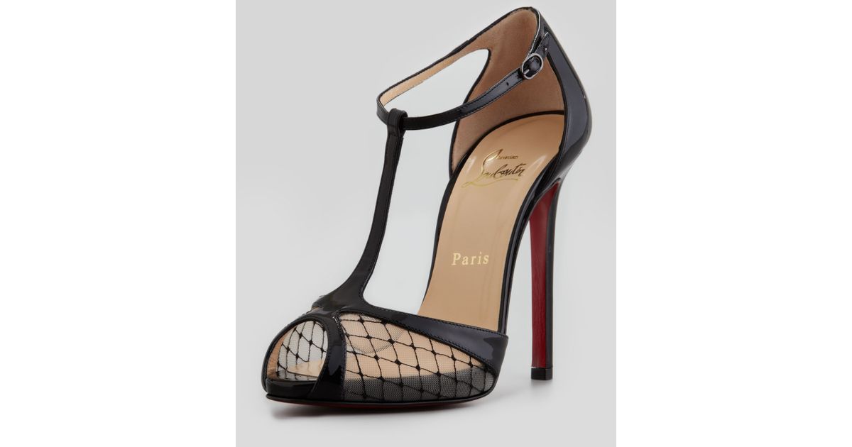 Christian louboutin Lagoula Tstrap Fishnet Red Sole Pump in Black ...