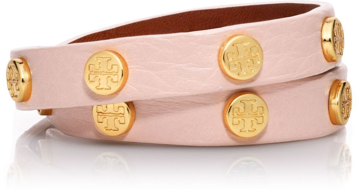 Tory Burch Leather Logo Studded Double Wrap Bracelet in Pink Lyst