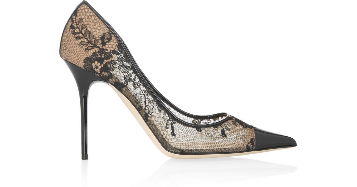 Jimmy Choo Amika Patent Leather-Trimmed Lace And Mesh Pumps in Natural ...