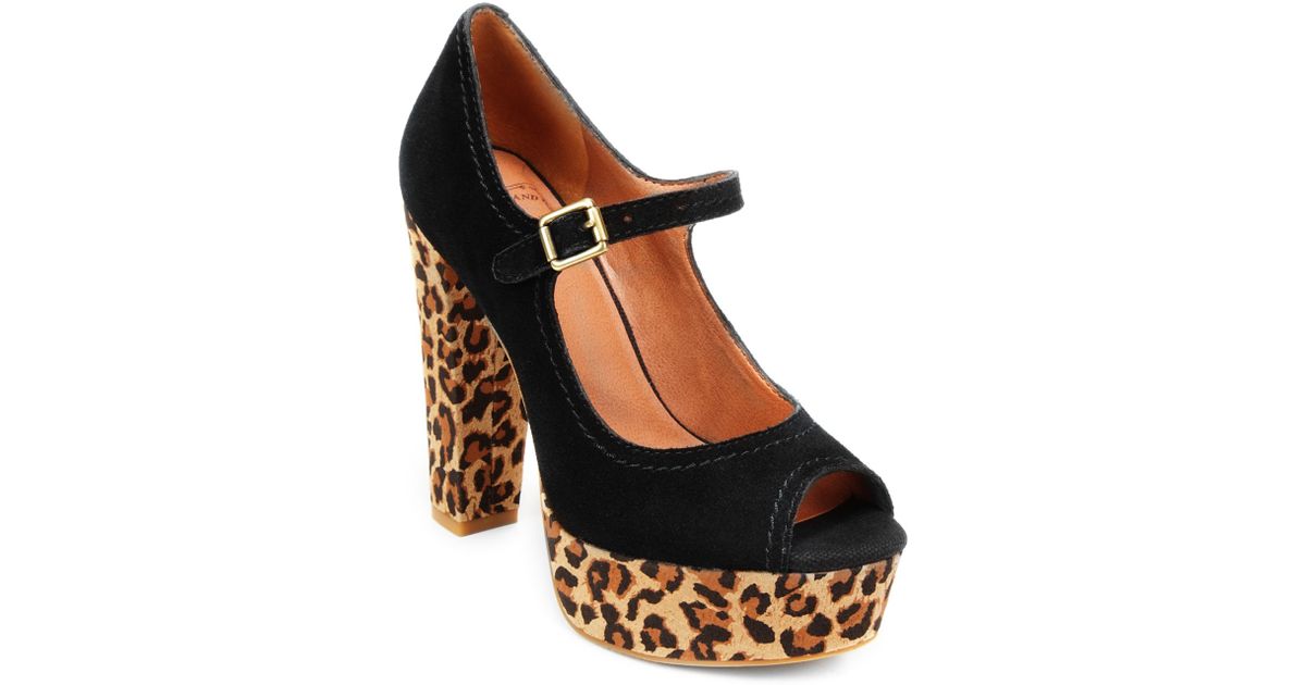 Lucky Brand Neece Mary Jane Open Toe Platform Pumps in Black/Leopard