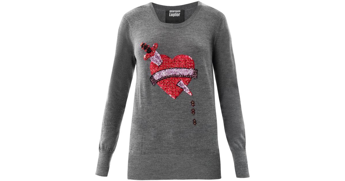 Markus Lupfer Bleeding Heart Sequin Sweater in Grey (Gray) | Lyst