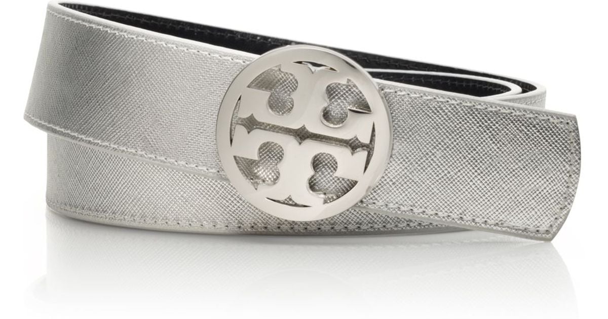 Tory burch Metallic Reversible Logo Belt in Silver (silver/navy) Lyst