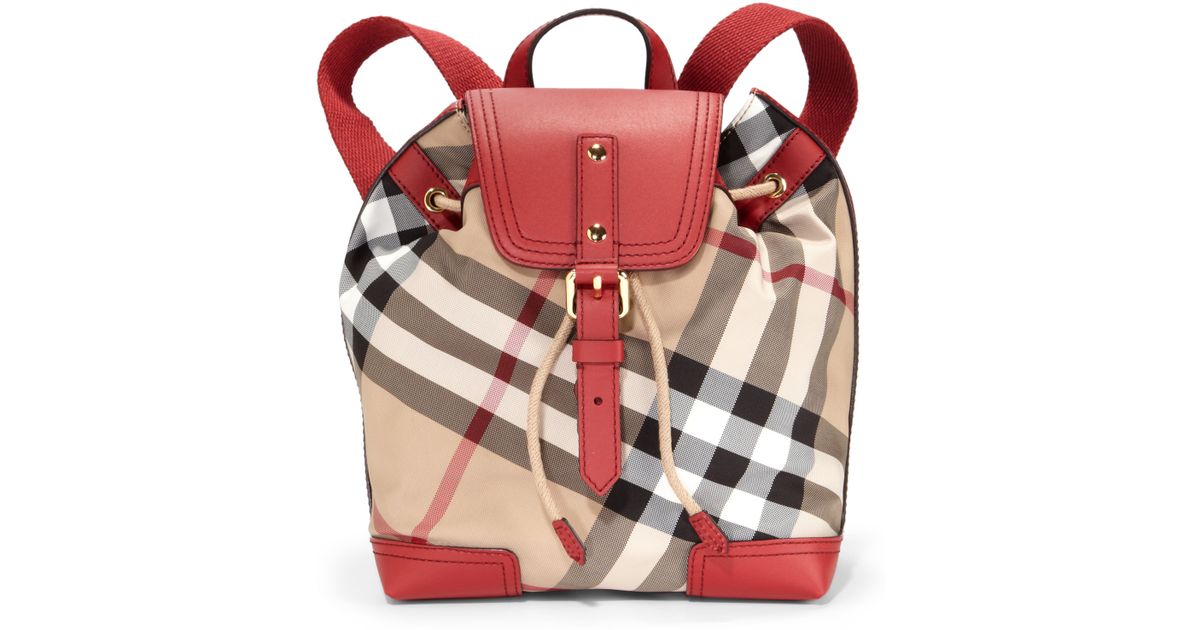 Burberry Kids Check Canvas Leather Backpack in Red - Lyst