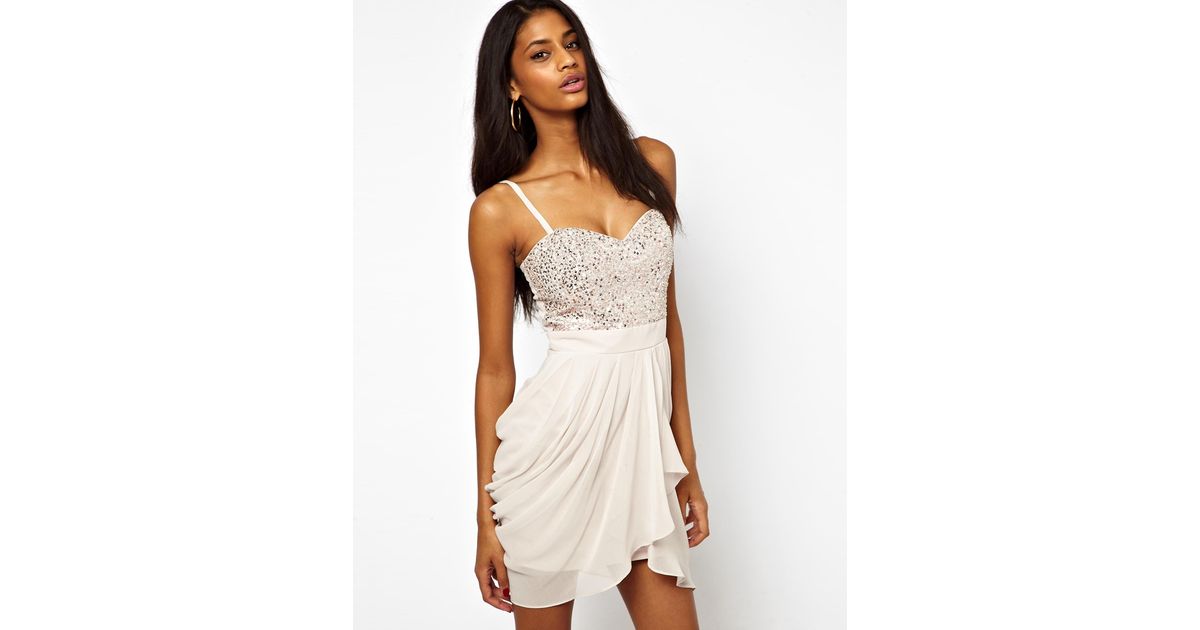 Lipsy Vip Prom Dress with Sequin Bust in Natural | Lyst