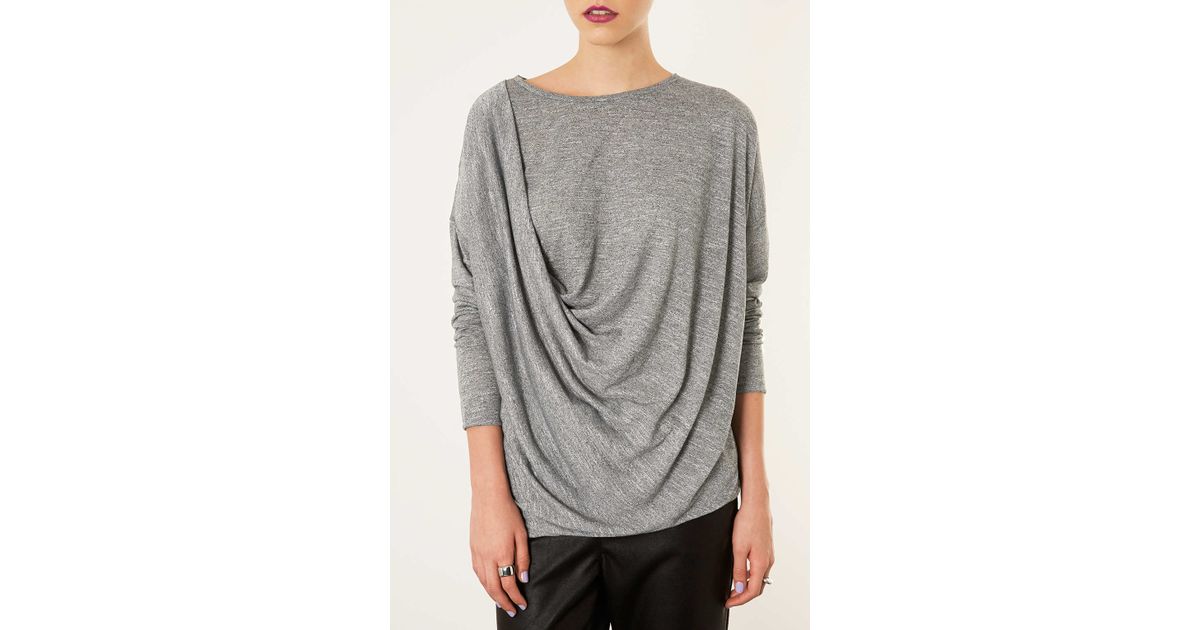 Topshop Long Sleeve Drape Top In Grey Marl Gray Lyst