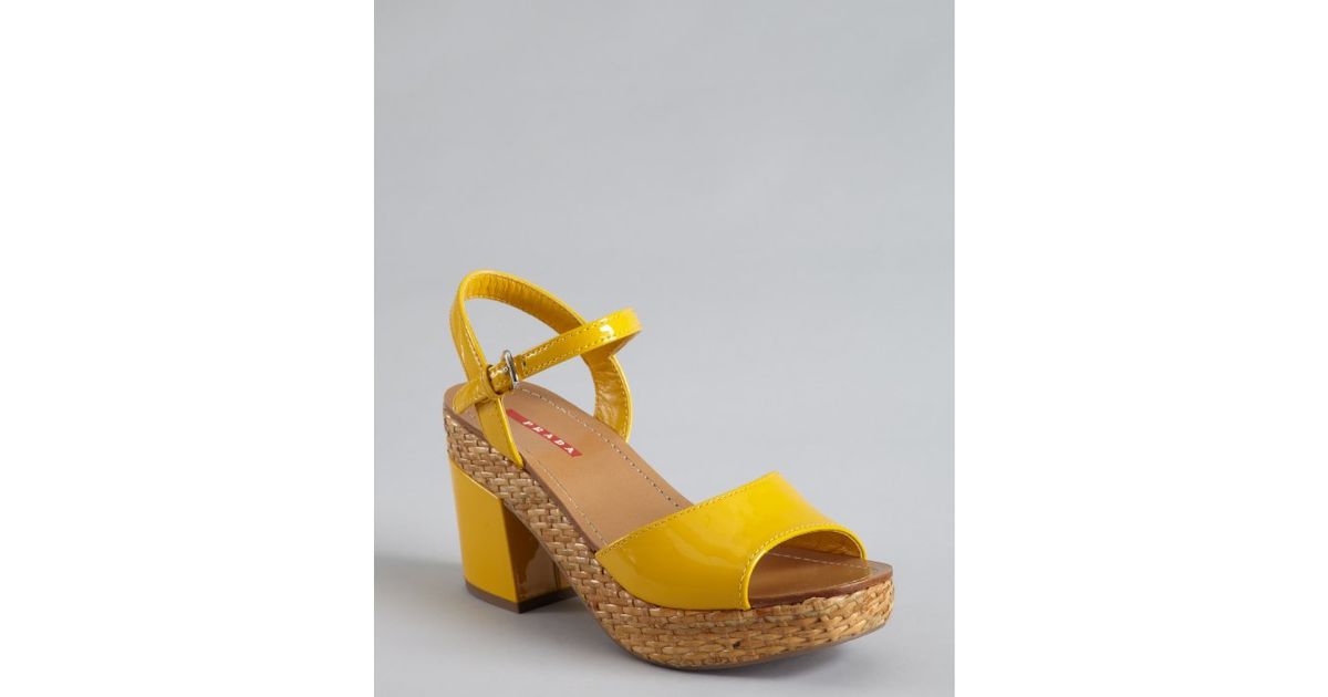 Prada Patent Leather and Jute Stacked Heel Sandals in Yellow | Lyst  