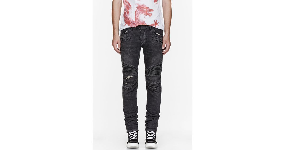Balmain Washed Black Distressed and Ribbed Biker Jeans in Gray for Men ...