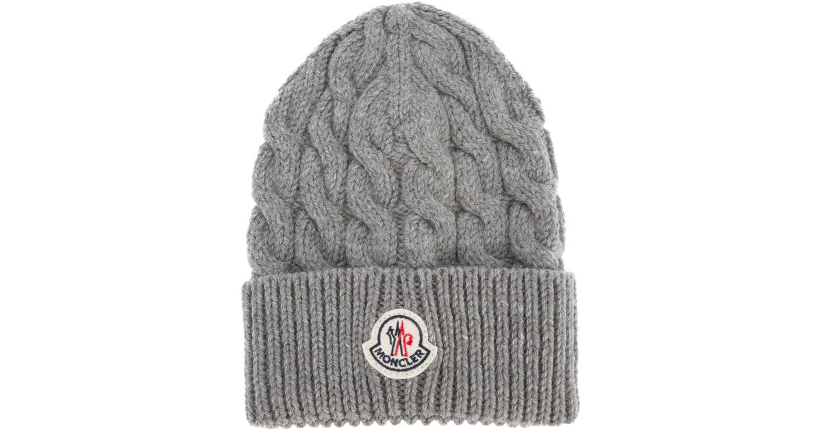 Moncler Cable Knit Beanie Hat in Grey 