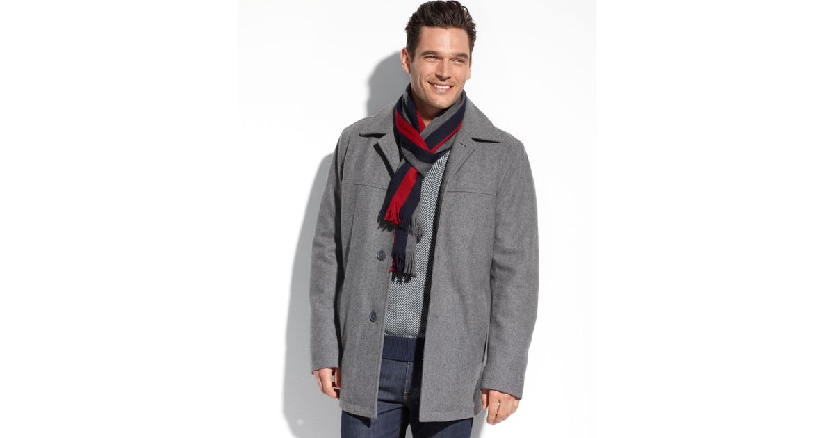 tommy hilfiger men's wool melton walking coat with attached scarf