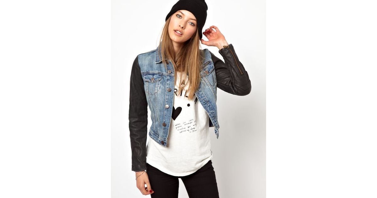 ASOS Maison Scotch Denim Jacket with Leather Sleeves in Black