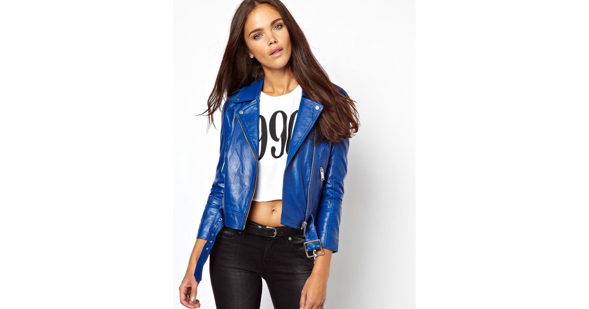 River Island Blue Colored Leather Biker Jacket