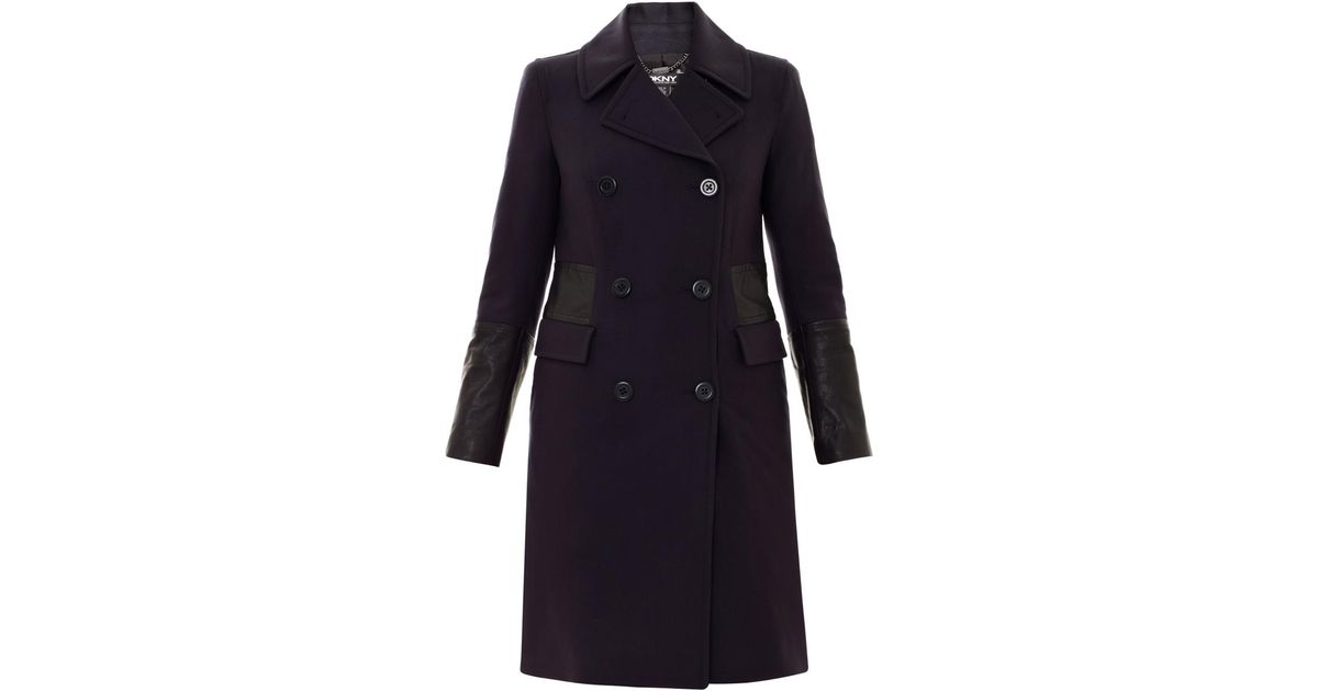 Lyst - Dkny Leather Trim Doublebreasted Coat in Blue