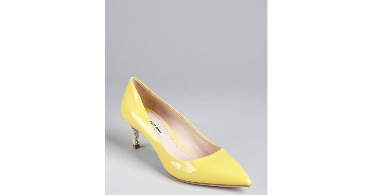 Lyst Miu Miu Yellow Patent Leather Glittered Sole Kitten Heel Pumps