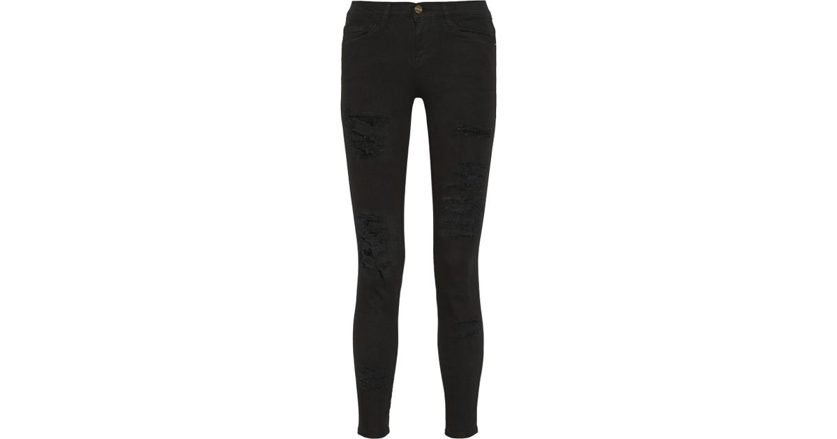 FRAME Le Skinny De Jeanne Distressed Midrise Skinny Jeans in Black | Lyst
