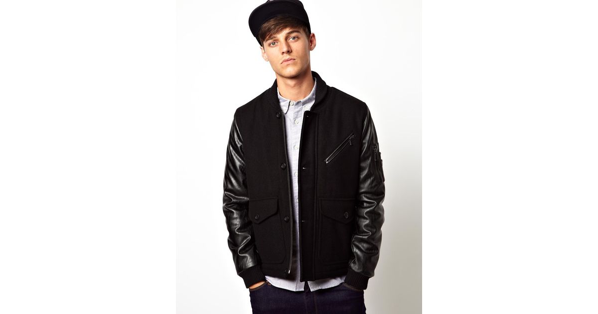 Humor Black Asos Wool Jacket With Faux Leather Sleeves For Men