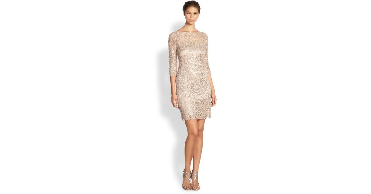 kay unger fishnet lace sheath dress