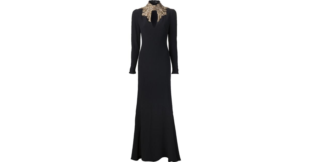 Alexander McQueen Embellished High Neck Gown in Black | Lyst