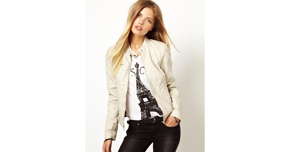 Asos Vero Moda Distressed Leather Look Biker Jacket In White Lyst