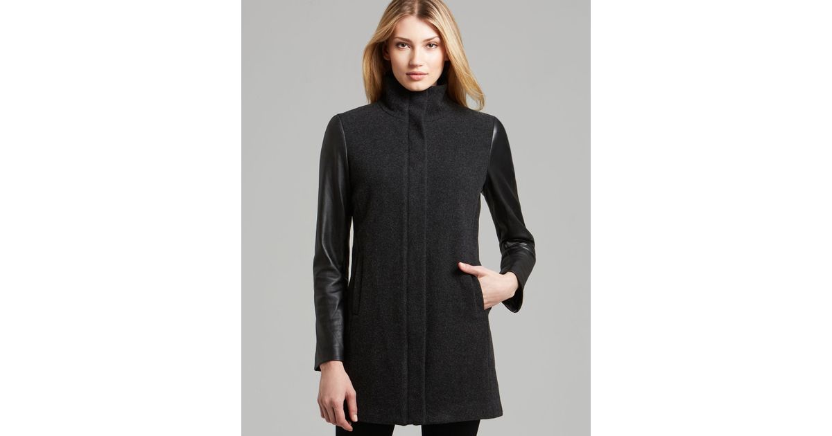 Eileen Fisher Gray High Collar Coat With Leather Sleeves