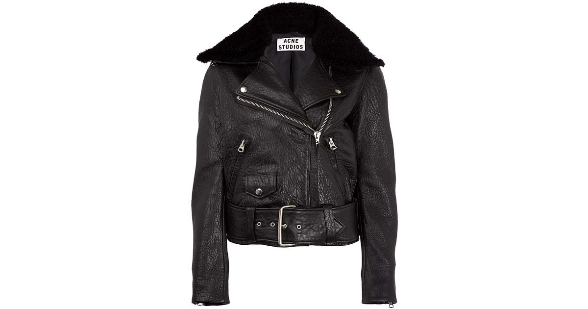 Acne Studios Black Mape Shearling Collar Leather Biker Jacket
