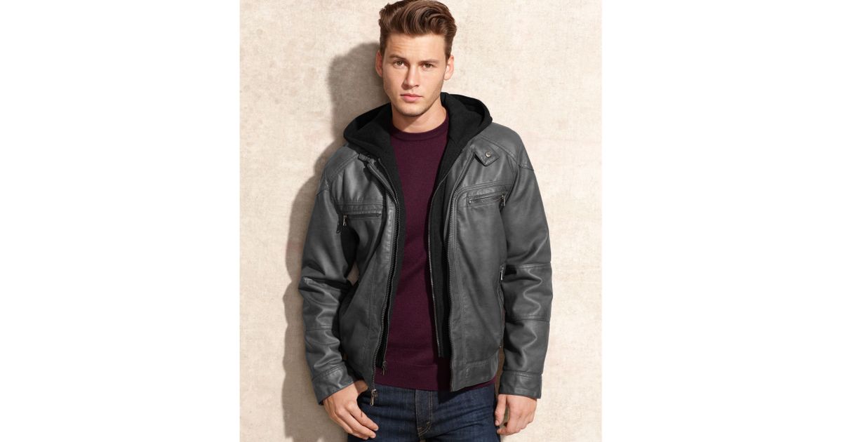 Calvin Klein Hooded Faux Leather Jacket in Gray for Men | Lyst