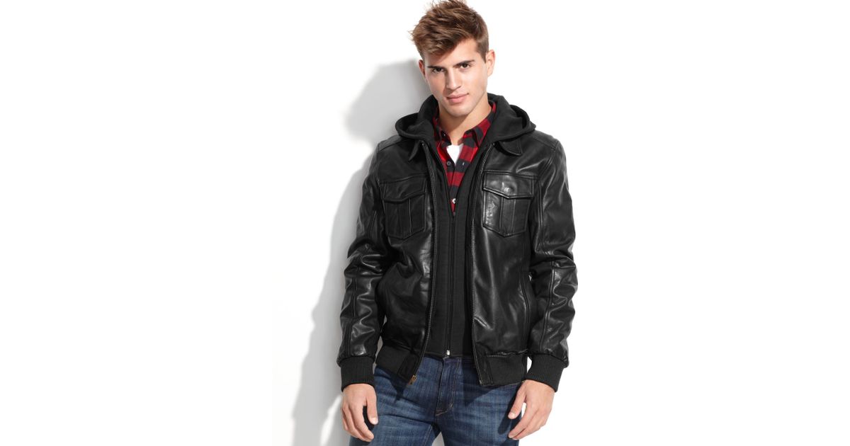 Guess Jacket Fleece Hood Leather Bomber in Black for Men Lyst