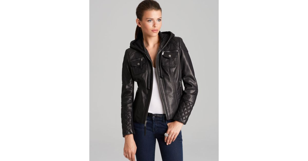 women's michael kors leather jacket with hood