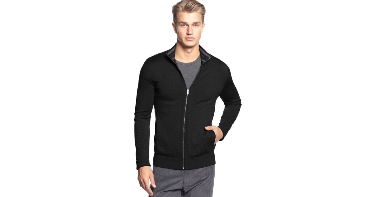 Calvin Klein Full Zipper Merino Sweater in Black for Men | Lyst