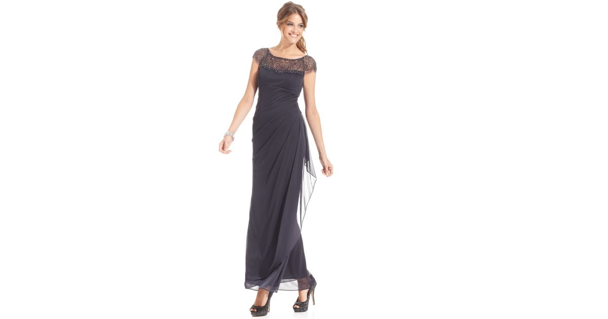 xscape chiffon gown charcoal gray