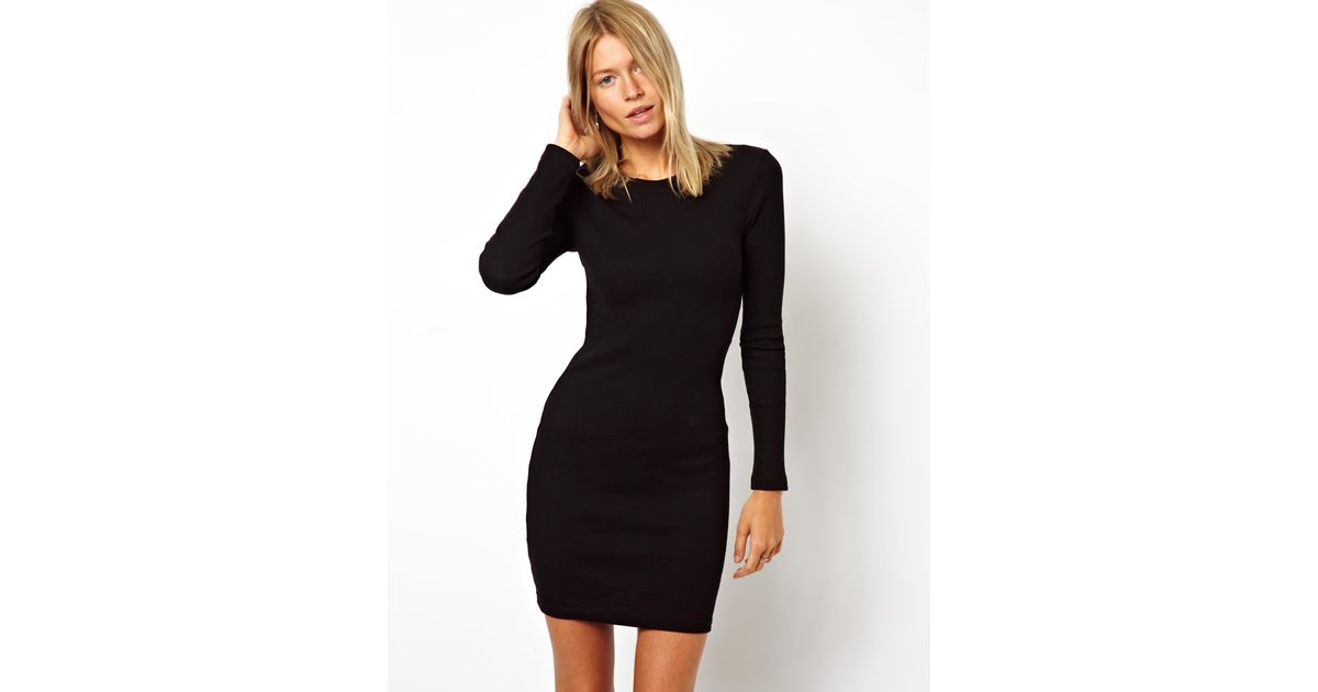 Long sleeve black ribbed bodycon dress