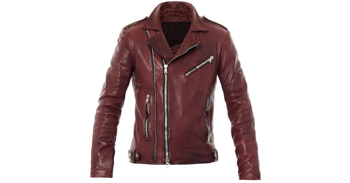 Balmain Red Distressed Leather Biker Jacket For Men
