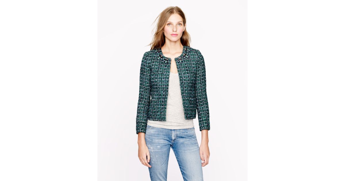 J.Crew Collection Jeweled Tweed Jacket in Green | Lyst