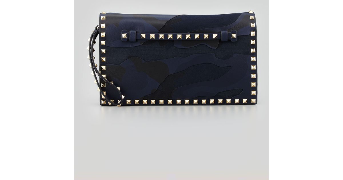 Lyst Valentino Rockstud Camouflage Clutch Bag Blue In