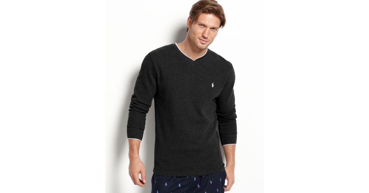 Ralph Lauren Long Sleeve Tipped V Neck Waffle Thermal Top in Black for