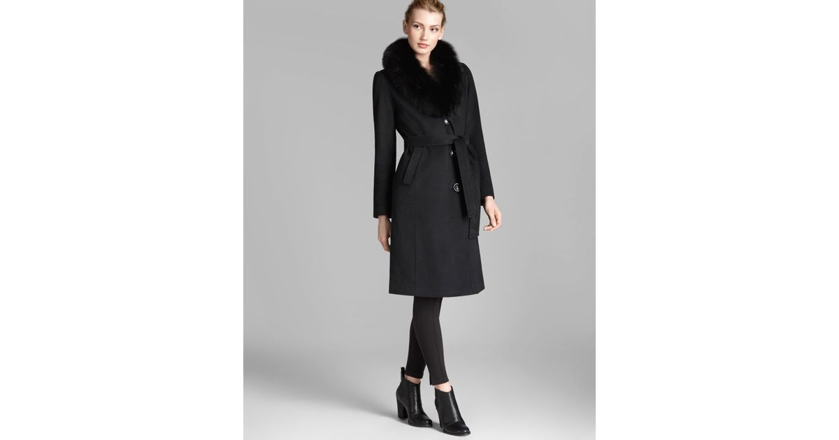 Ellen Tracy Coat Fox Fur Collar Belted 