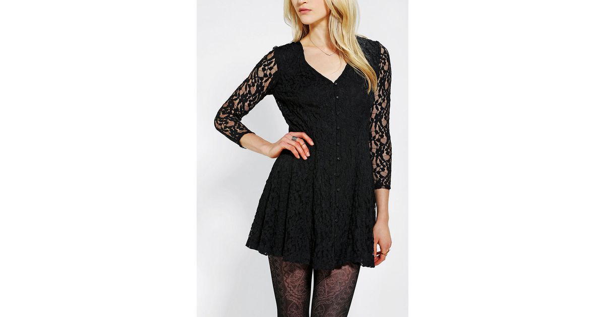 Urban Outfitters Long Sleeve Lace Skater Dress in Black - Lyst