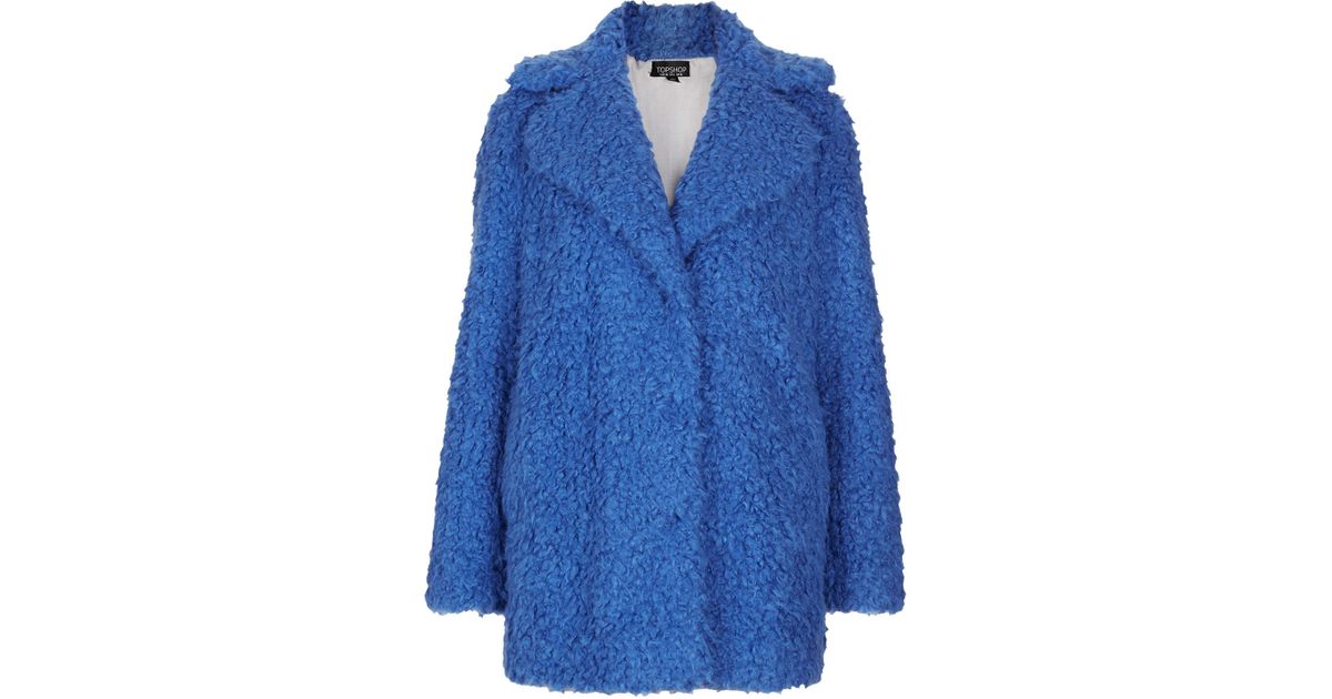 Lyst - Topshop Teddy Fur Pea Coat in Blue