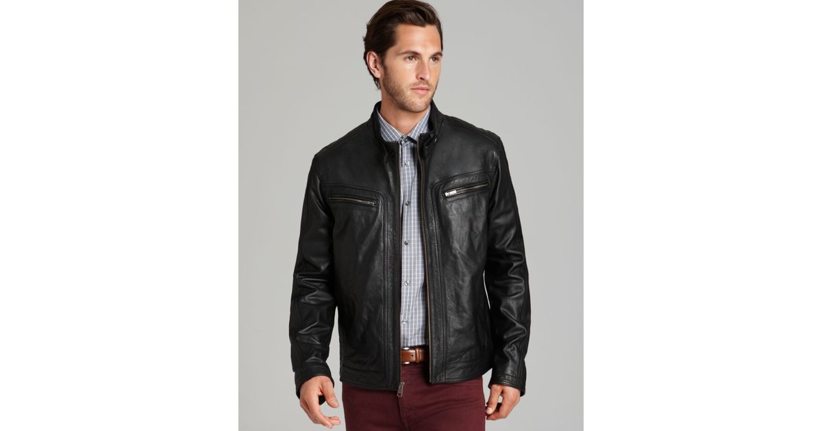 Cole Haan Black Washed Leather Moto Jacket For Men