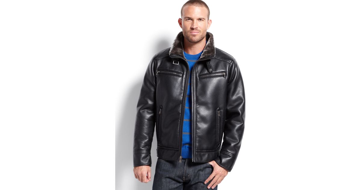 calvin klein men's faux shearling lined leather moto jacket