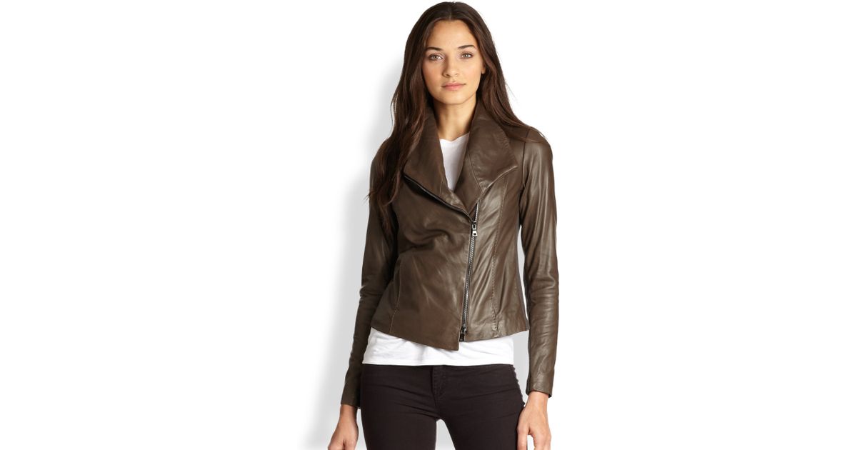 Vince Leather Ribbed Knit Scuba Jacket in Brown Lyst
