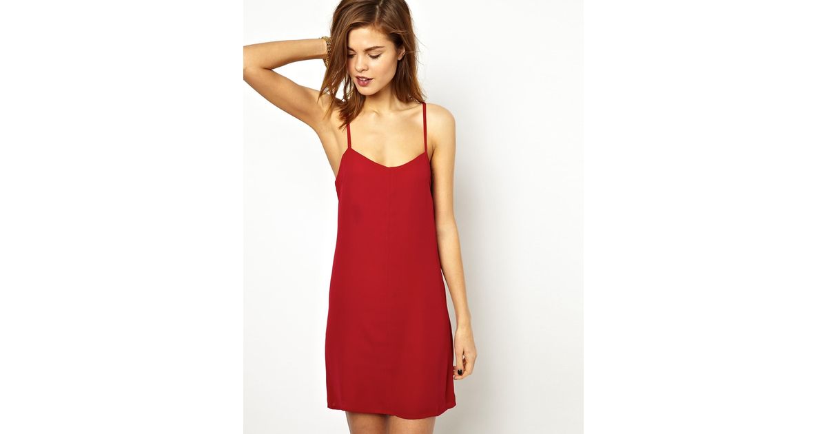 red cami slip dress