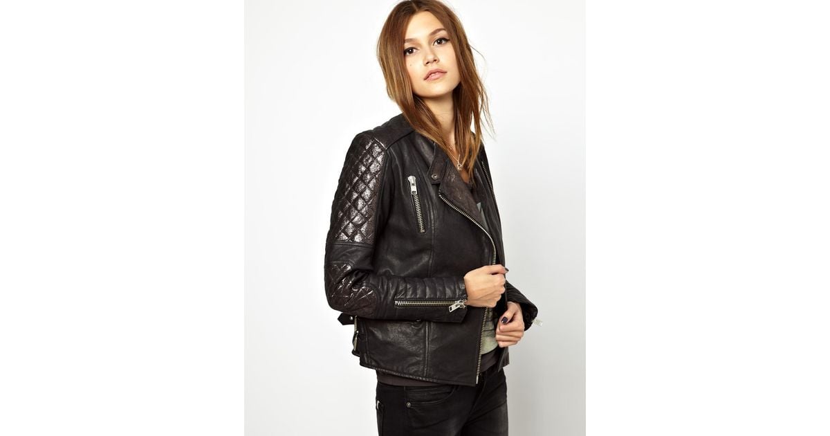 Asos Black Maison Scotch Leather Biker Jacket With Metallic Panels