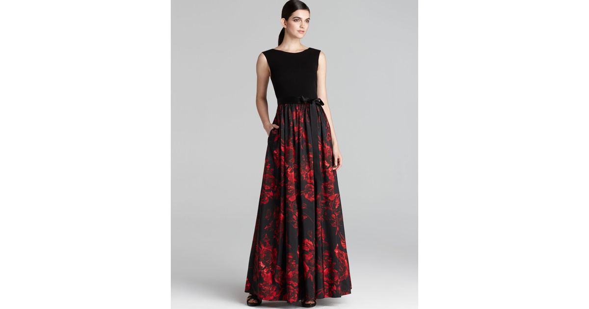 Aidan Mattox Gown Sleeveless with Floral Printed Skirt in Black/Red ...